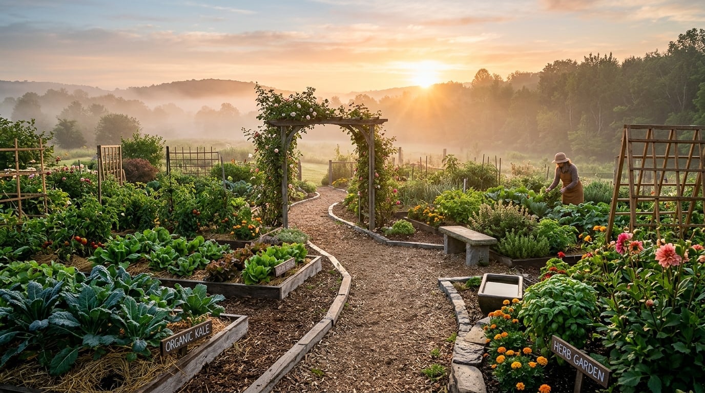 Peaceful organic garden scene at sunrise