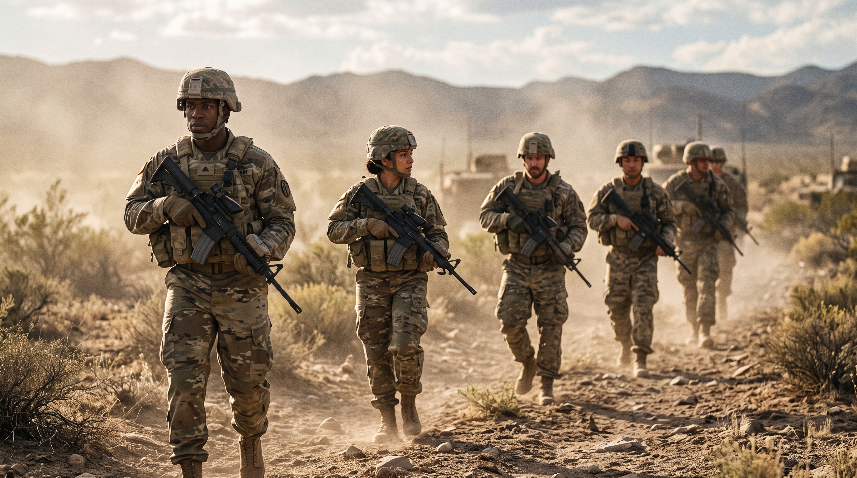 A diverse infantry squad advancing together during an armed engagement