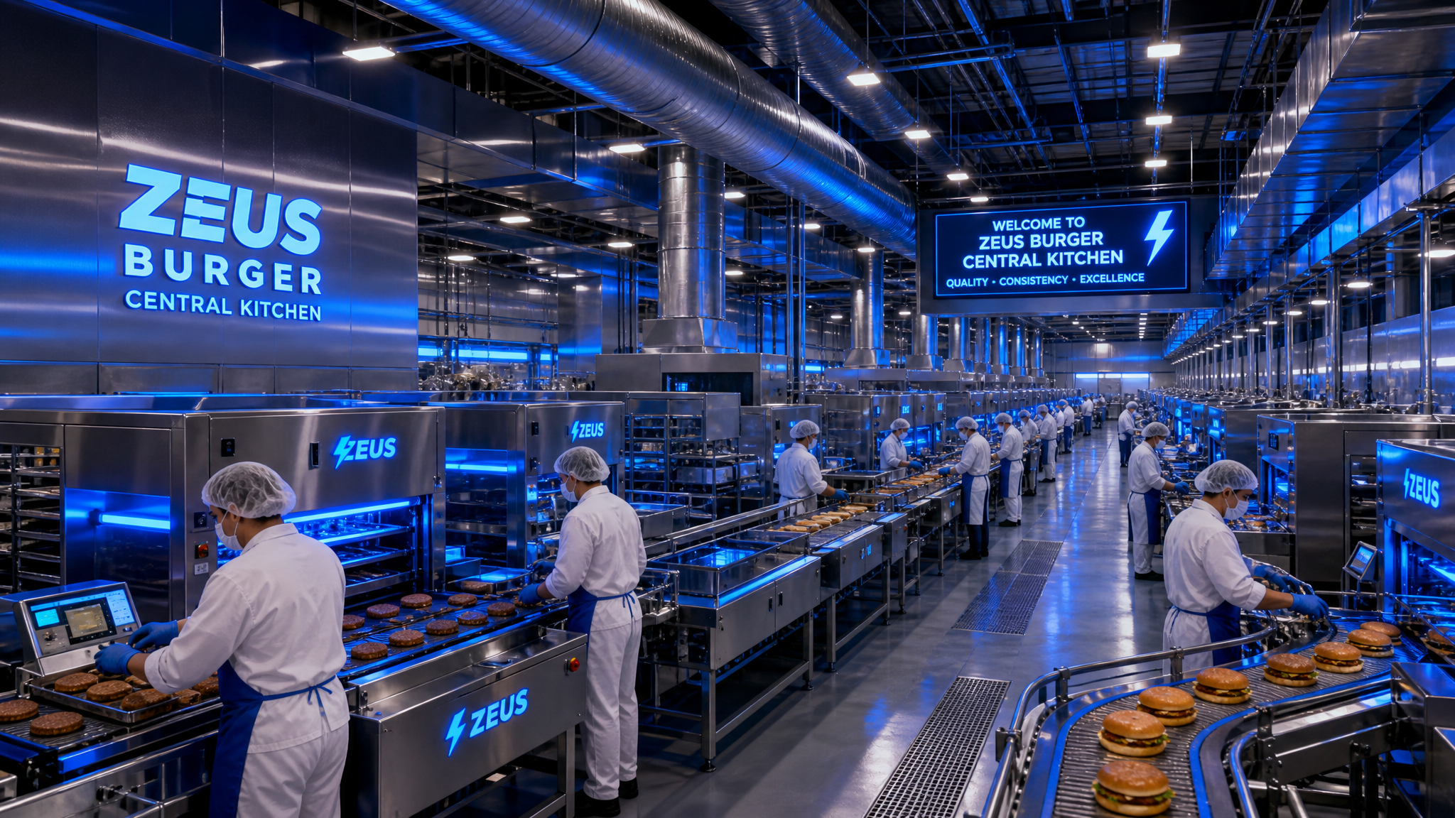 Large-scale industrial central production kitchen with multiple Zeus Burger cooking stations in a production line