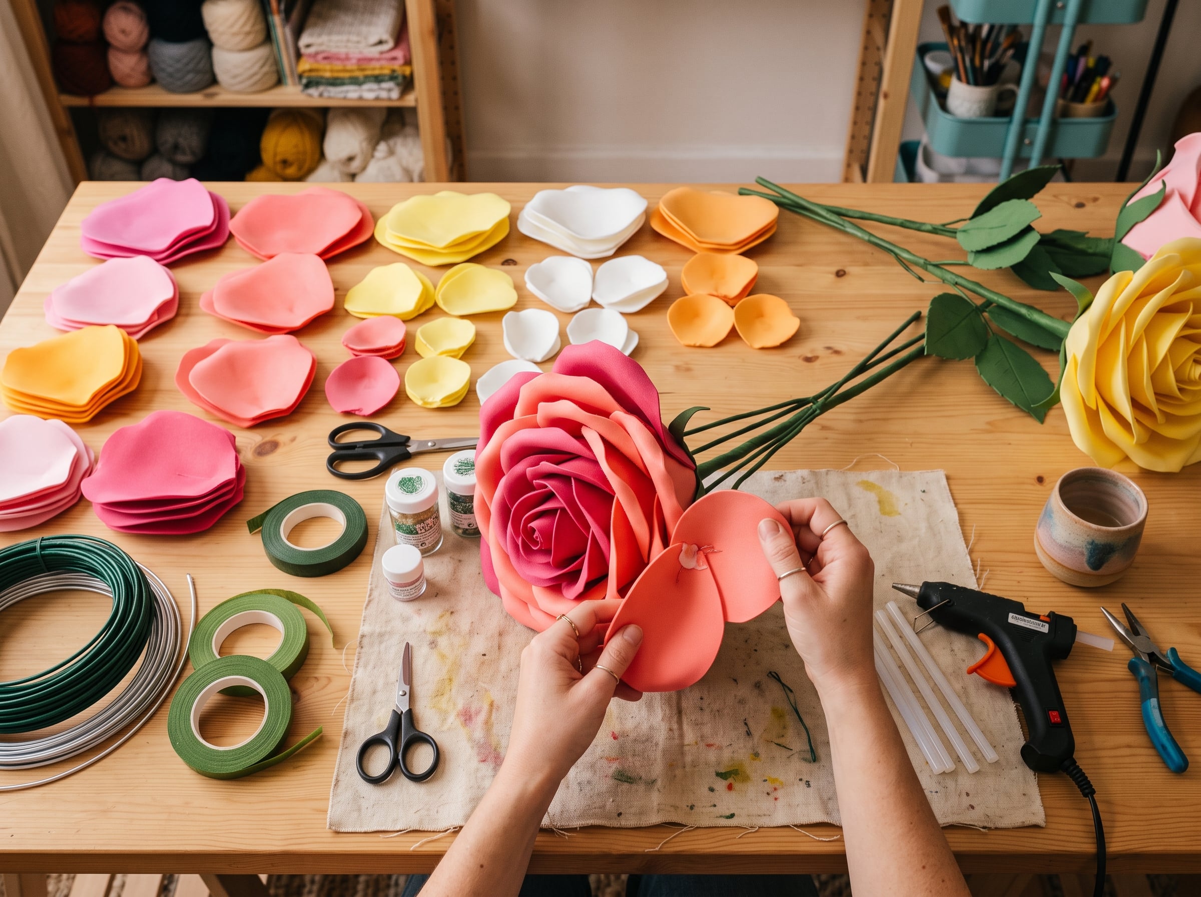 DIY craft table with pre-cut EVA foam petals, bendable pipes, and a partially assembled giant rose