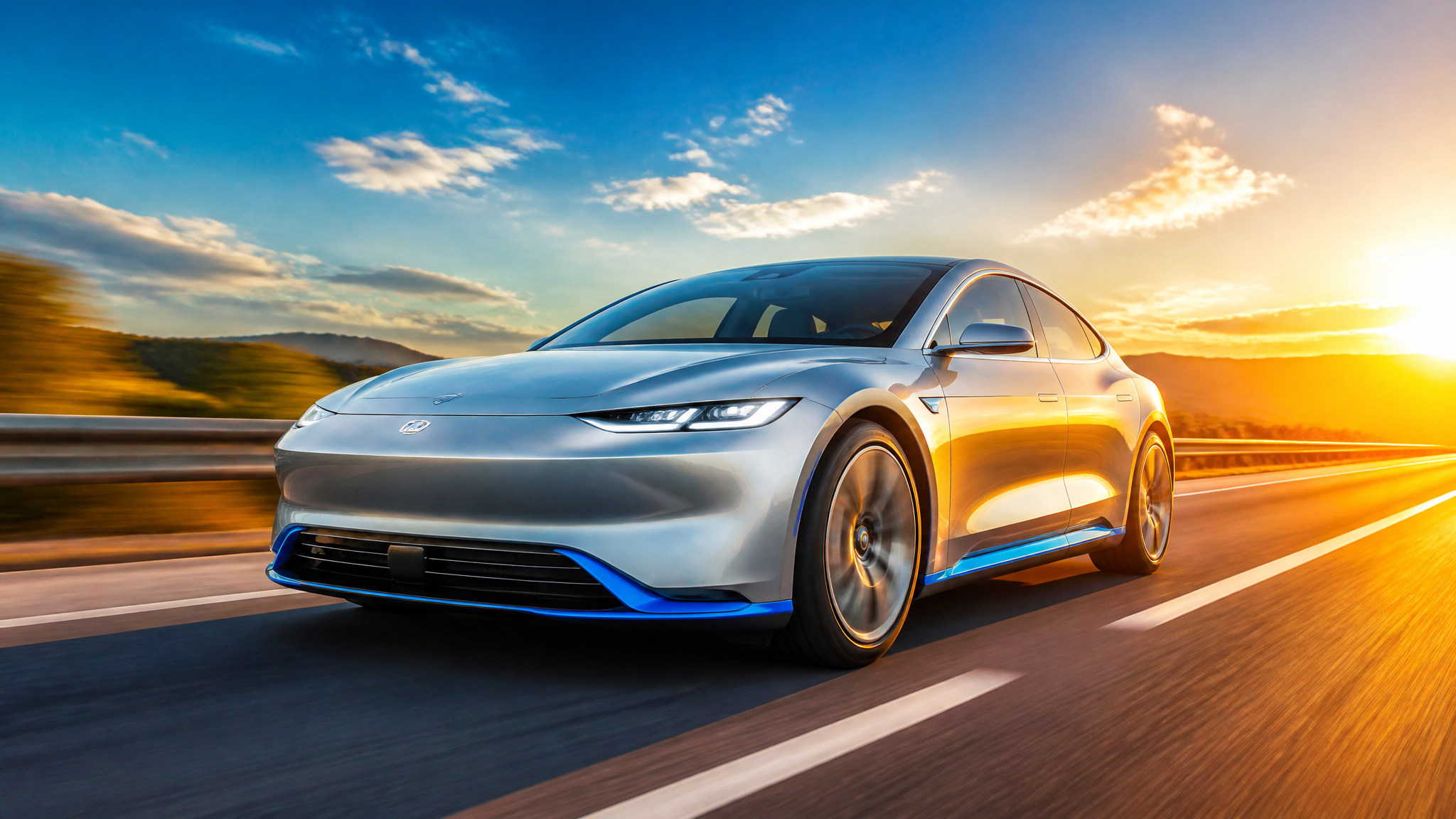 Sleek electric software-defined vehicle travelling on a bright open highway at golden hour