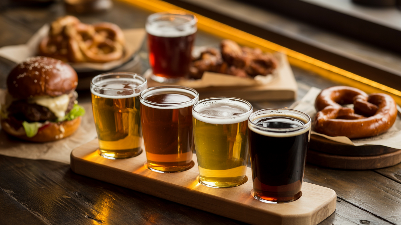 Flight of craft beers with pub food on a rustic bar top for beer pairing guide