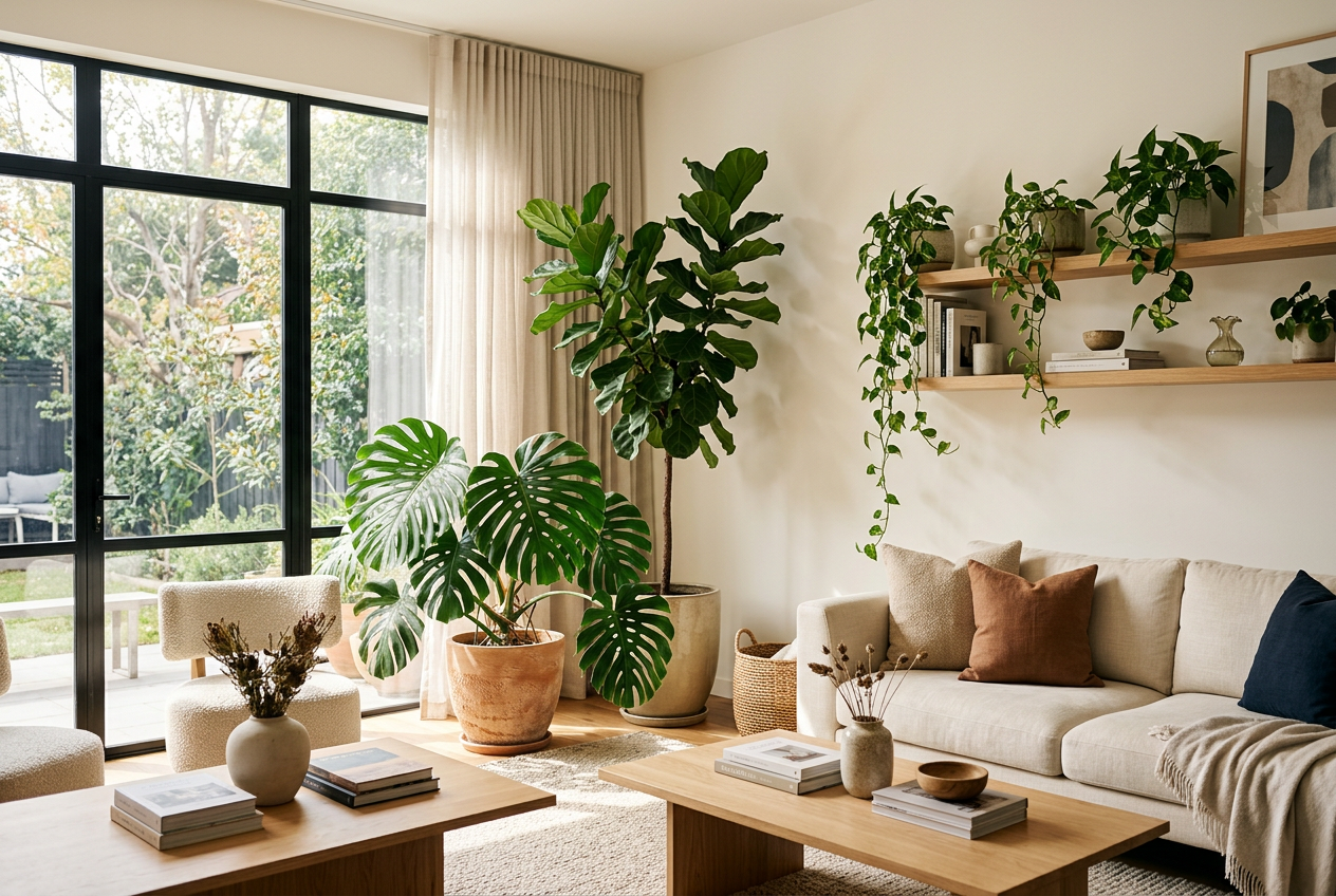 Sunlit living room styled with a monstera, fiddle-leaf fig and trailing pothos