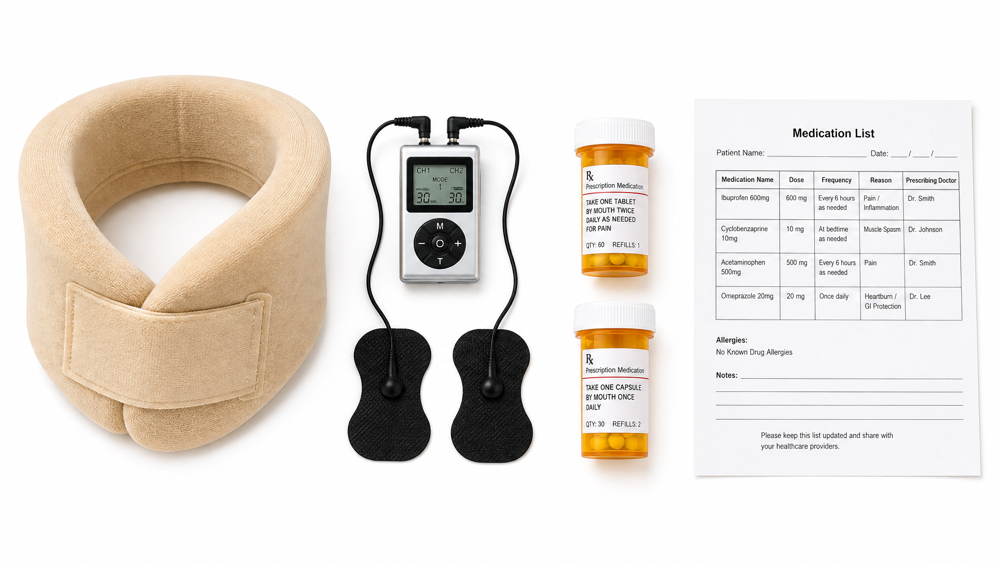 Clinical teaching photograph of a soft cervical collar, a TENS unit with electrode pads sized for the neck, prescription bottles and a printed medication list laid out in a row on a white surface