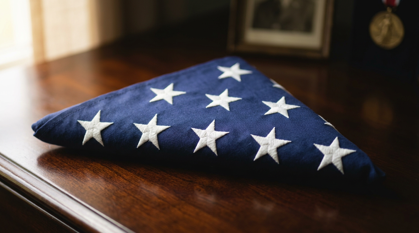 A folded American flag in traditional military triangular presentation, honoring a fallen veteran