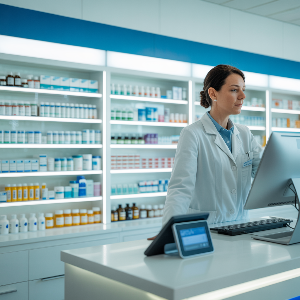 Modern pharmacy with organized prescription medications