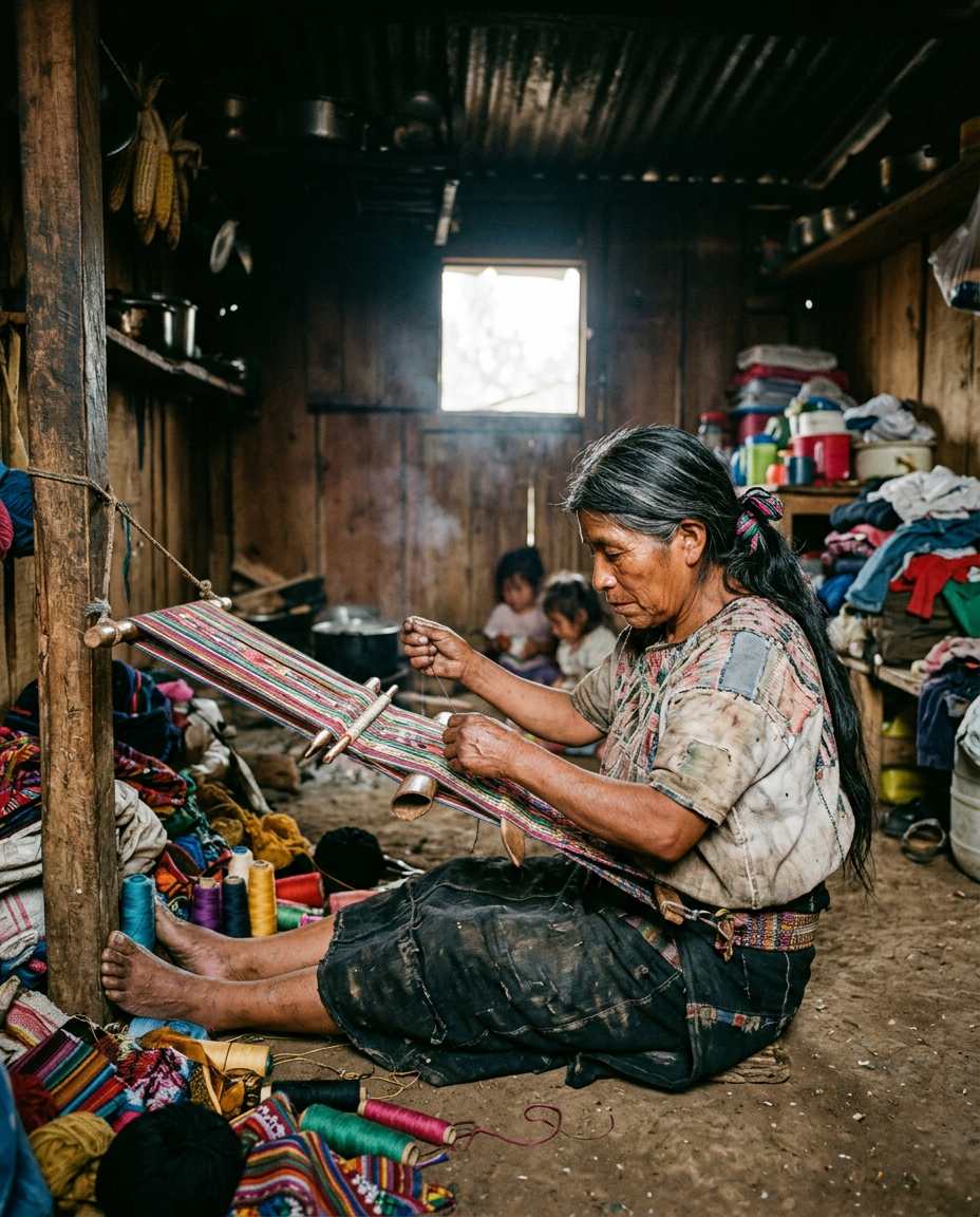 María Xiloj at her backstrap loom in Chichicastenango