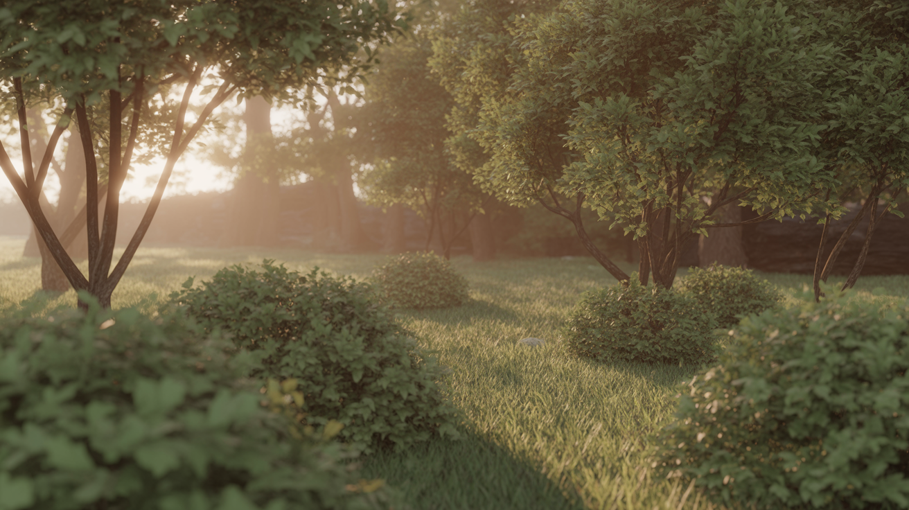 Warm serene nature scene with soft morning light filtering through trees