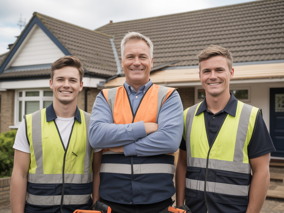 The Millington and Sons family roofing team standing proudly together after completing a roof repair