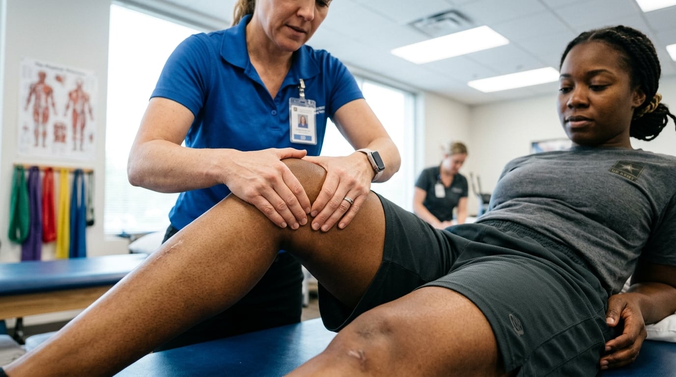 A physical therapist performing manual therapy on a woman veteran’s knee and hip