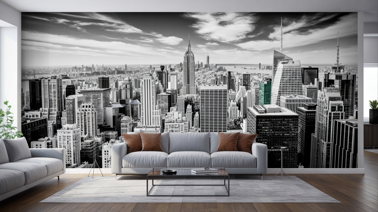 Schwarz-Weiss New York Skyline Panorama als Wanddruck im Wohnzimmer
