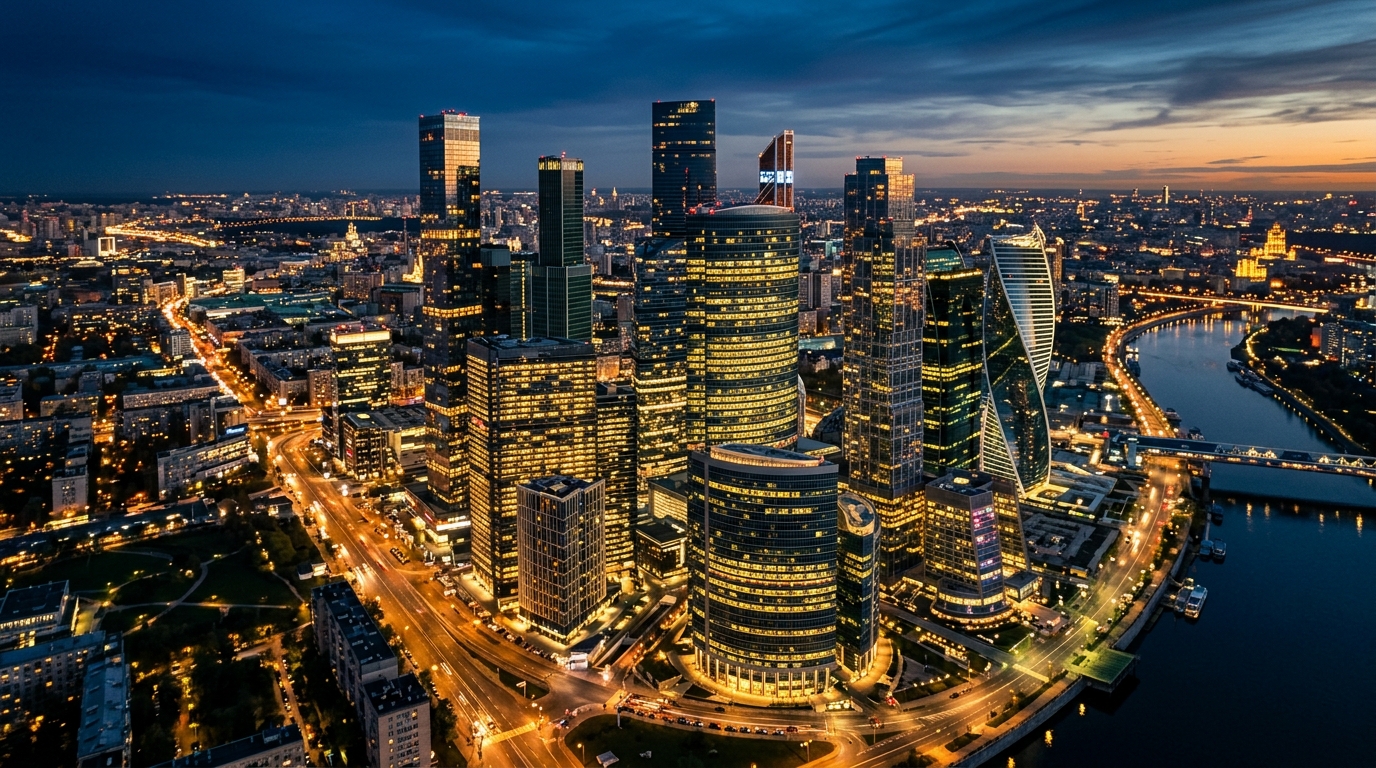 City financial district skyline at dusk