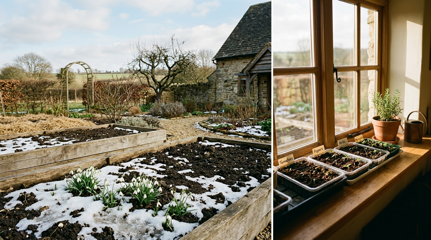 February garden — a winter scene in a temperate Central European vegetable garden