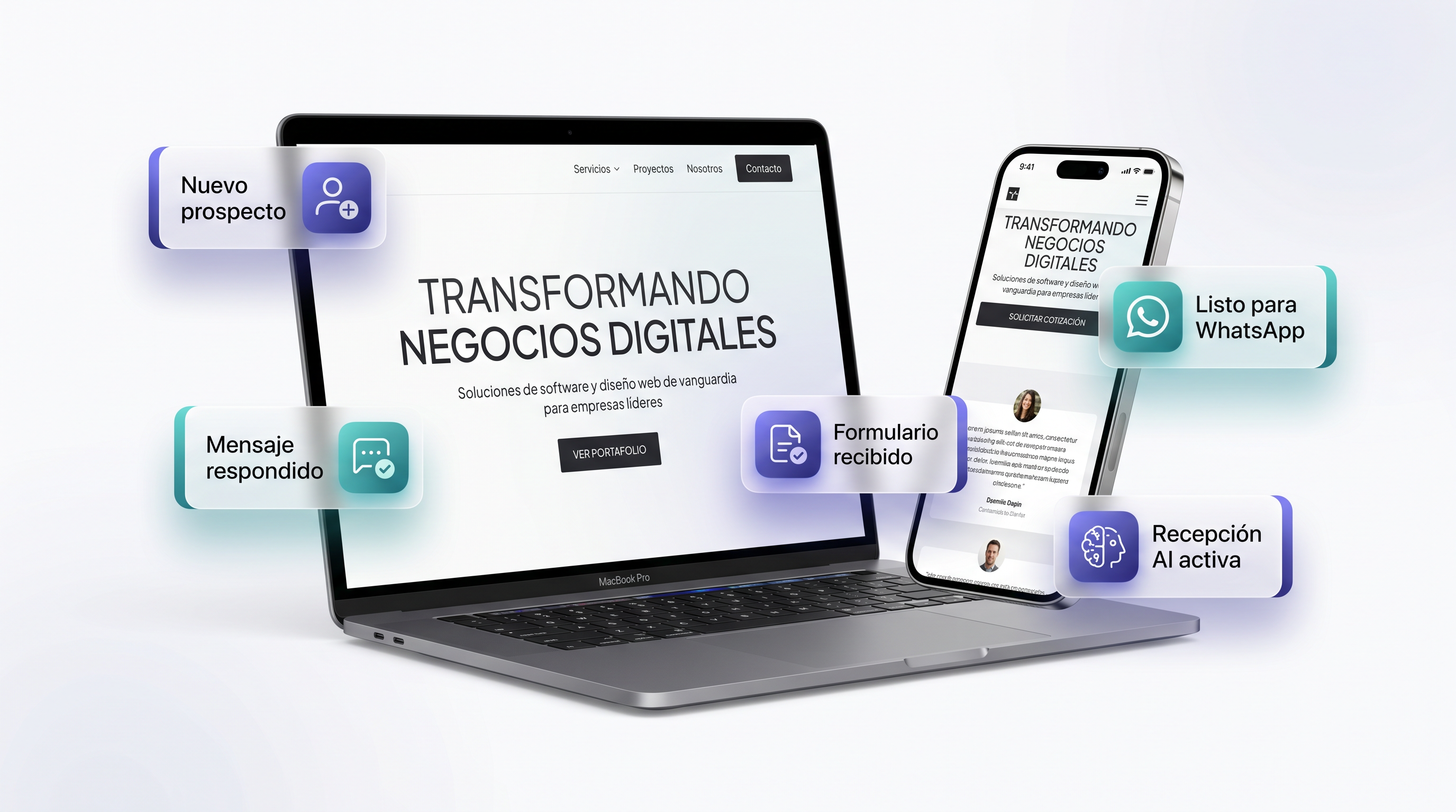 Mockup de sitio web profesional con notificaciones de Nuevo prospecto, Mensaje respondido y Recepción AI