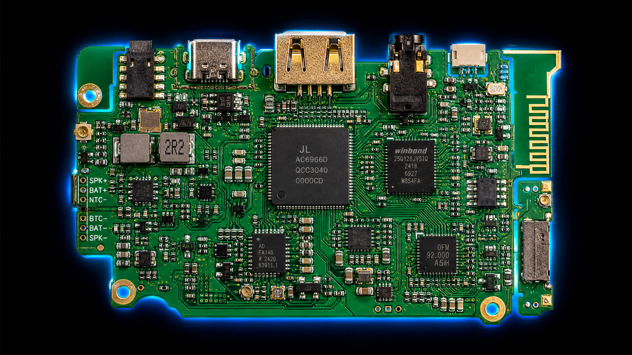 Stroboscopic Speaker custom 4-layer PCB with electric blue circuit traces, DSP chip, Bluetooth module, LED driver ICs, and power management circuits on dark substrate