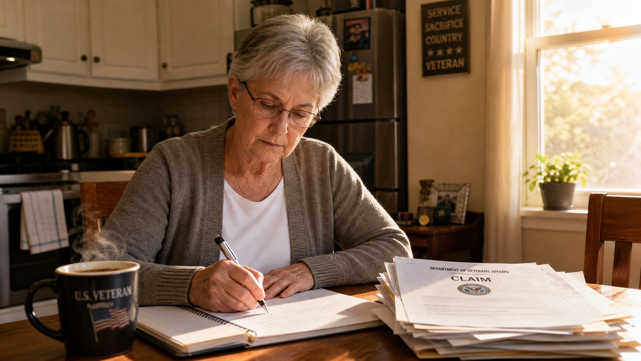 A senior White female veteran writing a personal statement at her kitchen table