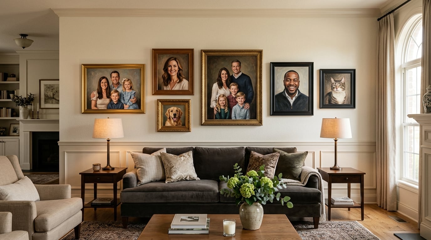 Elegant living room wall featuring a curated gallery wall arrangement of custom portrait paintings in various sizes and frame styles with warm ambient lighting