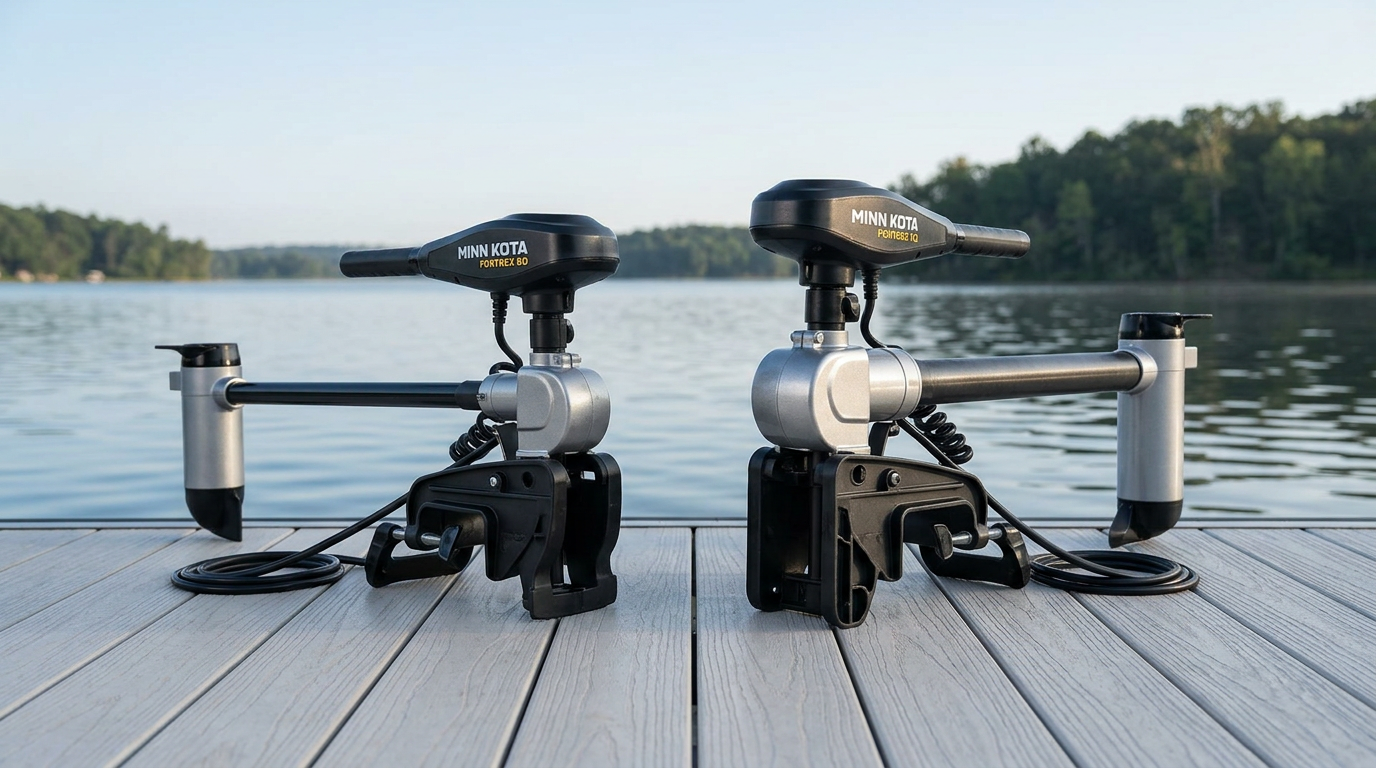 Two Minn Kota Fortrex trolling motors side by side comparing 80 lb and 112 lb thrust models