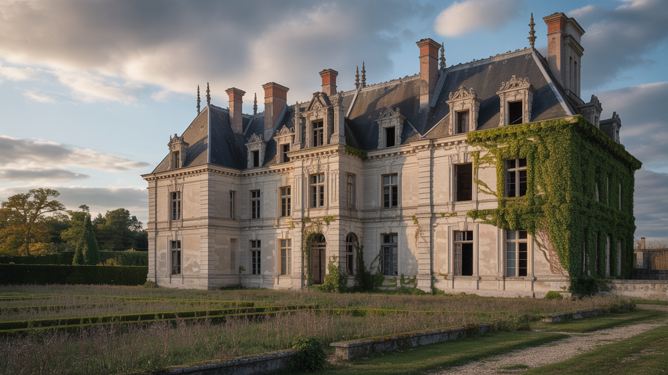 Abandoned French château awaiting restoration with ivy-covered walls and overgrown gardens