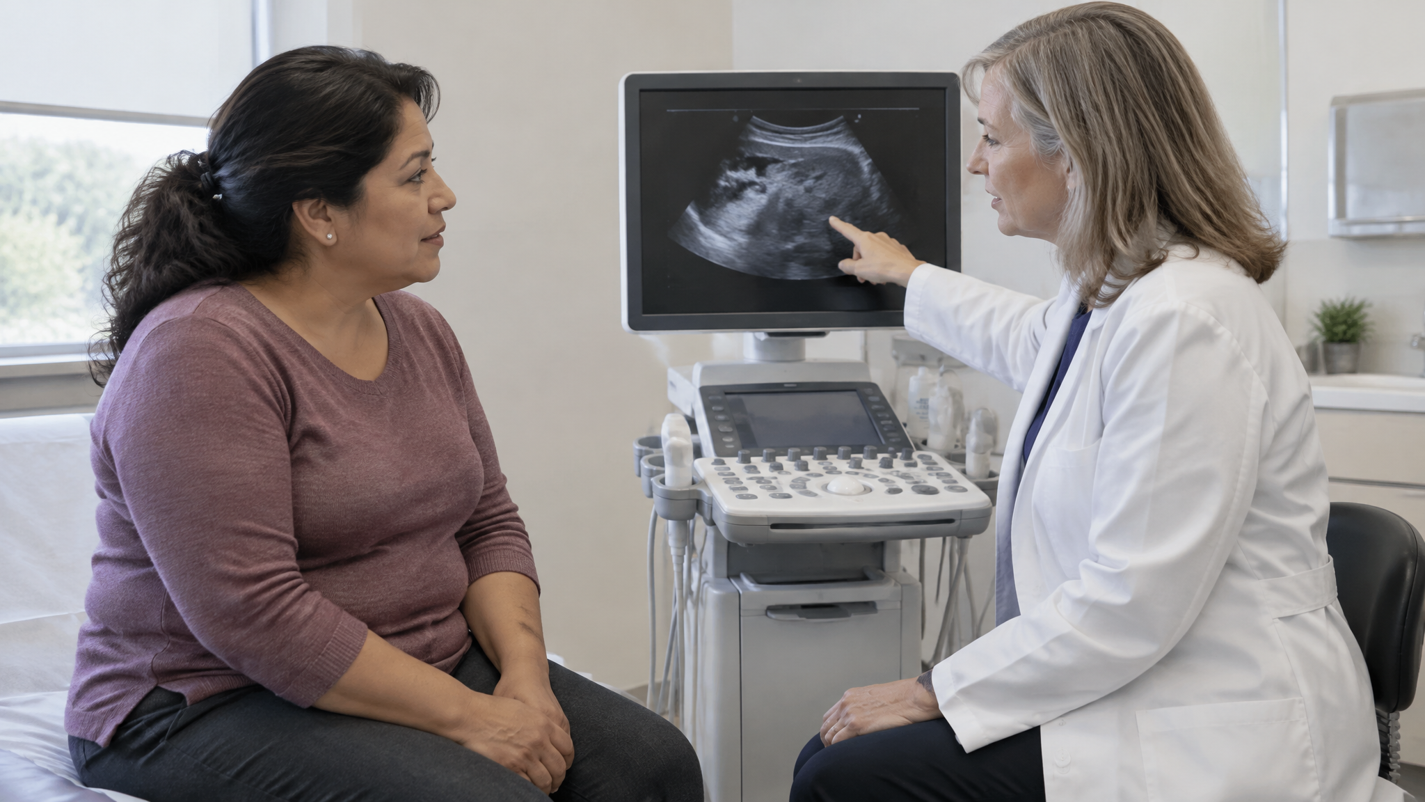 A woman veteran in her late forties listening as a female gynecologist points to an ultrasound image on a monitor
