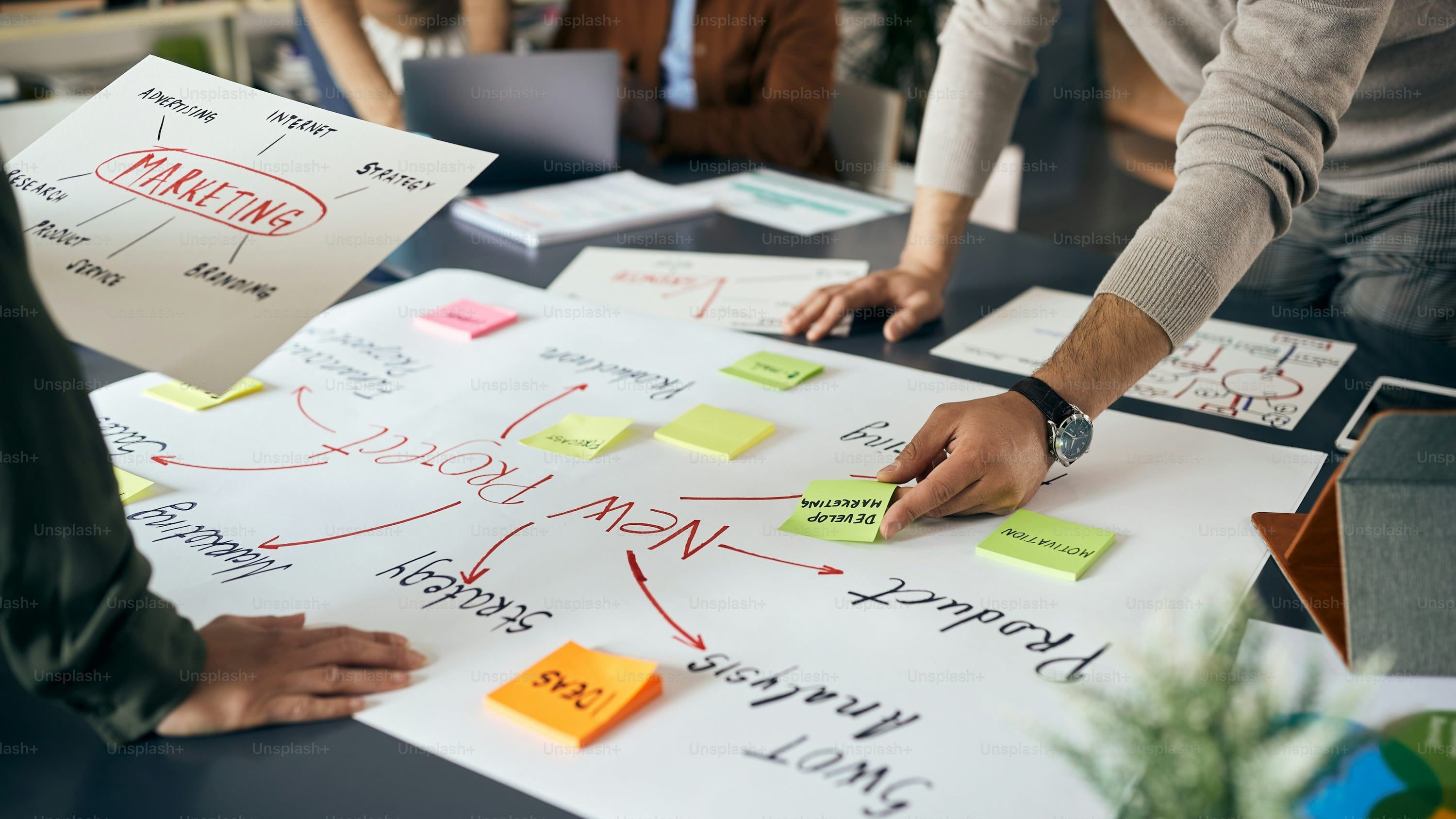Marketing team brainstorming product promotion campaign