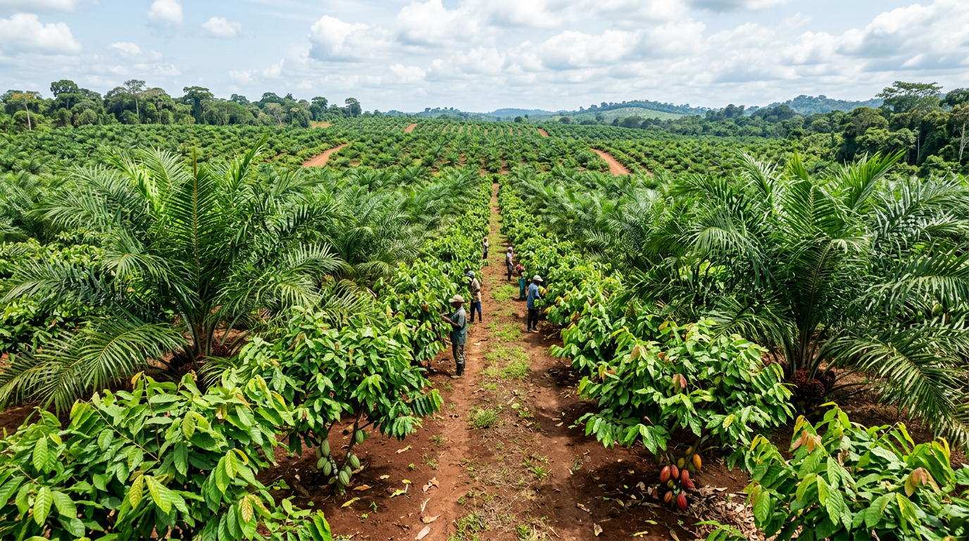 Vue aérienne d'une plantation en Guinée Forestière