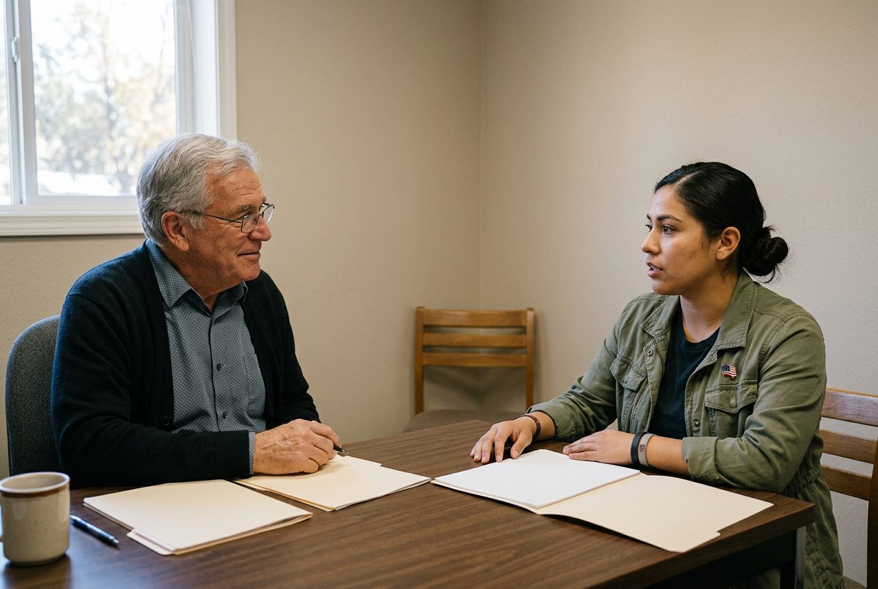 A male vocational counselor at a desk with a Hispanic woman veteran, discussing how her shoulder limitation affects her ability to work