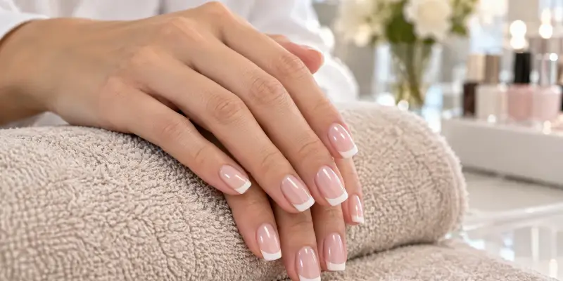 Unhas com francesinha clássica de base nude e pontas brancas em salão de Sorocaba