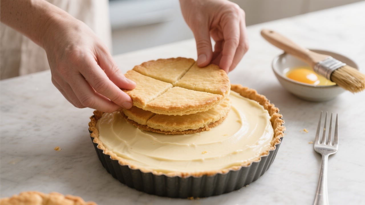 Recette Authentique du Gâteau Basque 4 Un gâteau basque doré et croustillant posé sur une assiette rustique en bois, avec une part découpée révélant la crème pâtissière onctueuse.