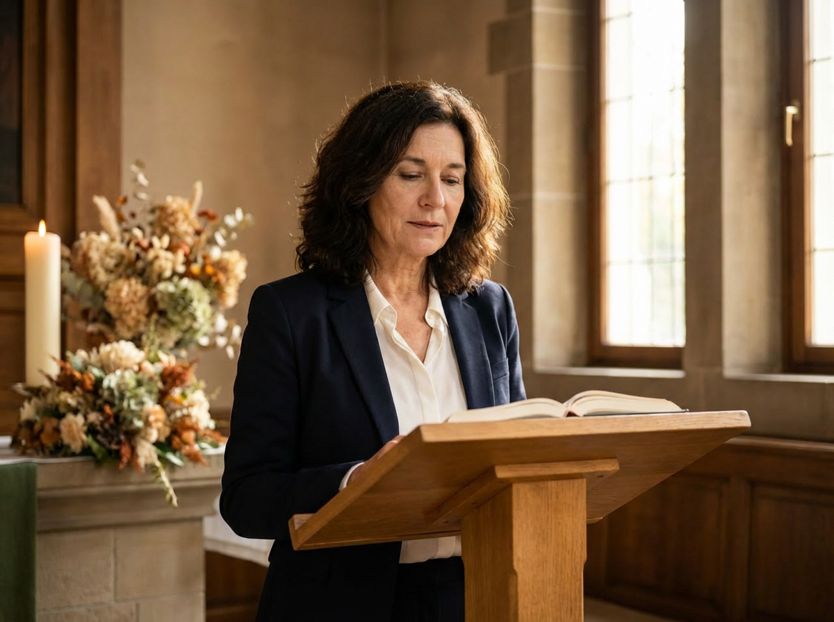 Katharina Schenk am Rednerpult während einer Trauerfeier