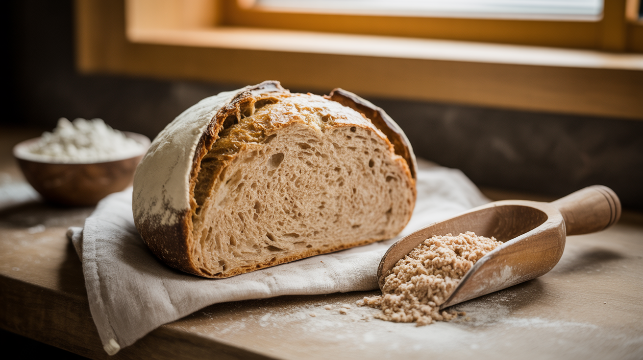 High-extraction sourdough boule cut in half showing warm-toned open crumb on linen cloth