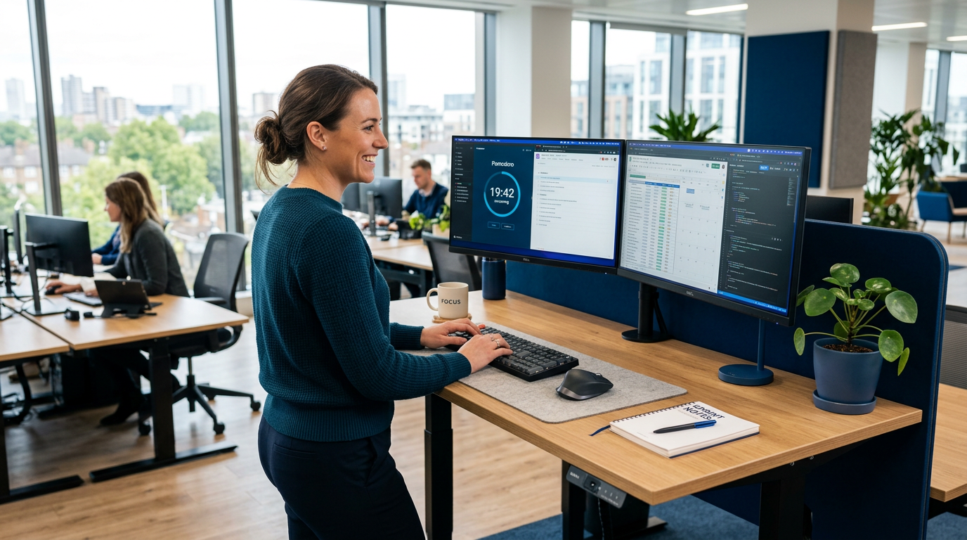 Profissional em standing desk com múltiplos monitores aplicando Pomodoro avançado