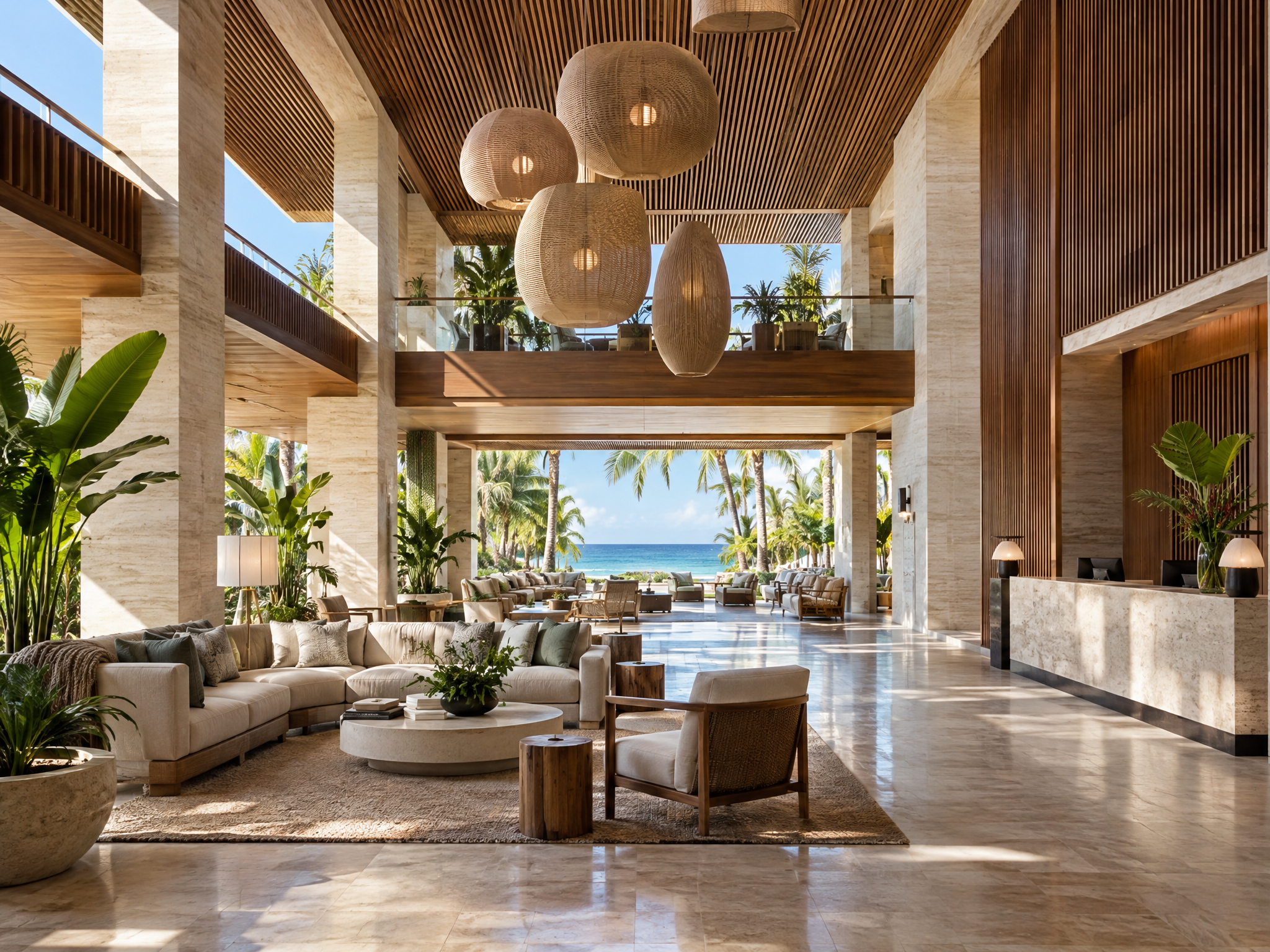 Renovated Caribbean resort hotel lobby with stone and wood finishes