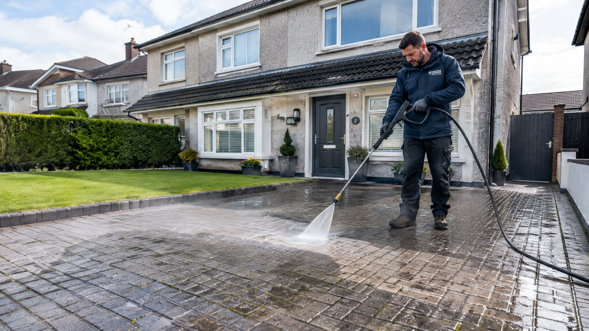 Pressure washing a driveway in front of an Irish semi-detached house