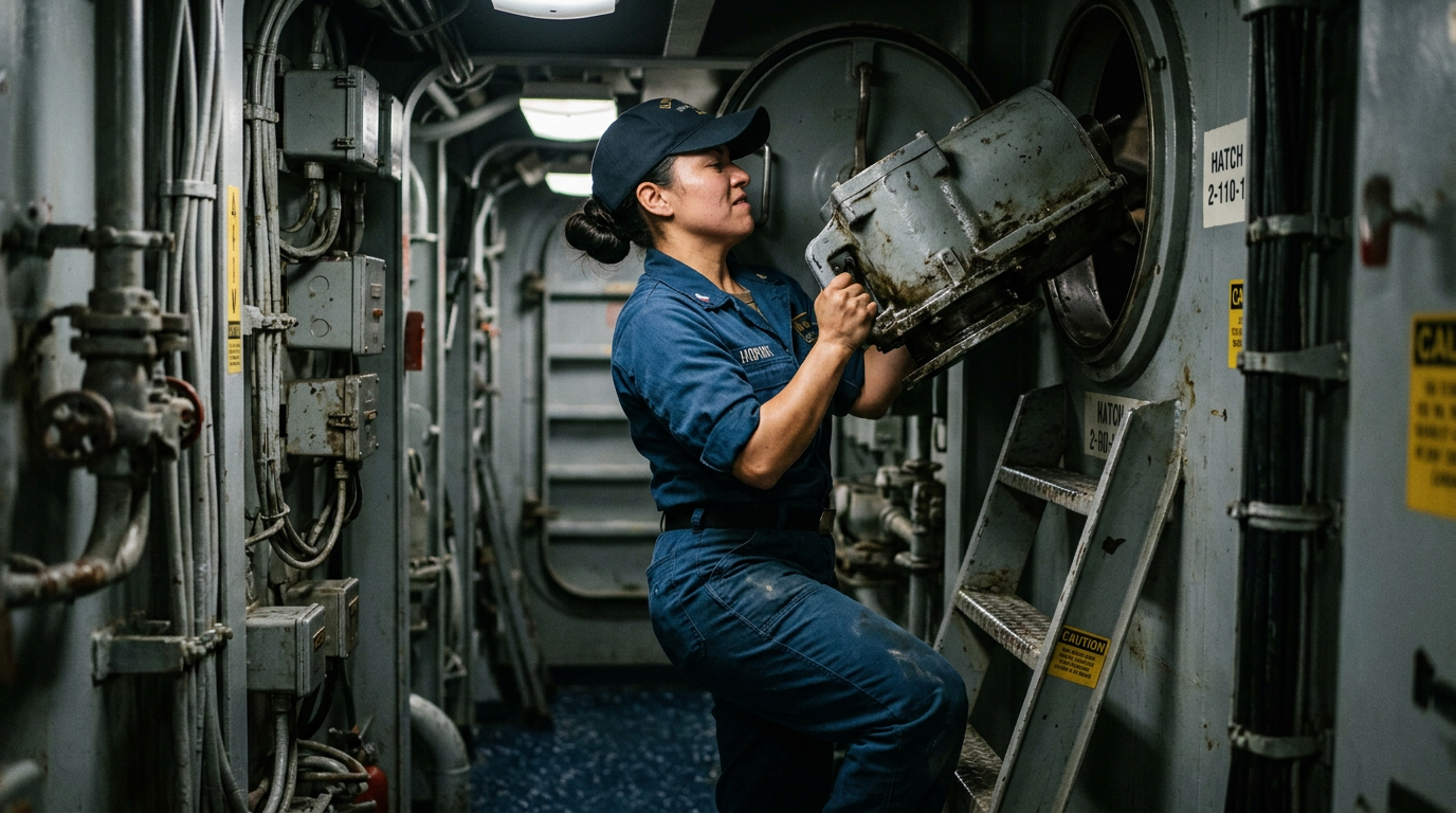 A Hispanic woman U.S. Navy sailor in blue coveralls straining to lift heavy equipment through a narrow ship hatch and up a steep ladder well on a rolling deck at sea