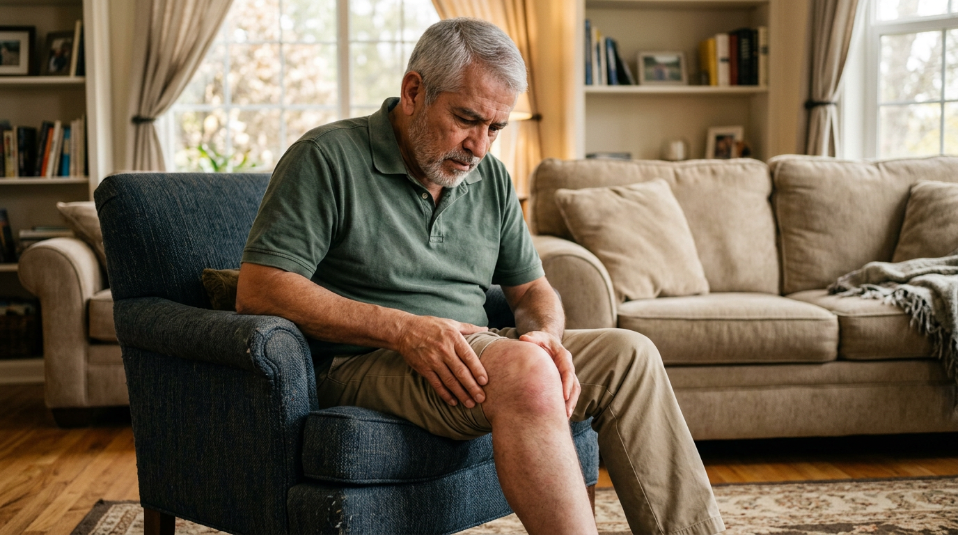 Hispanic male veteran examining swollen knee while seated in living room chair