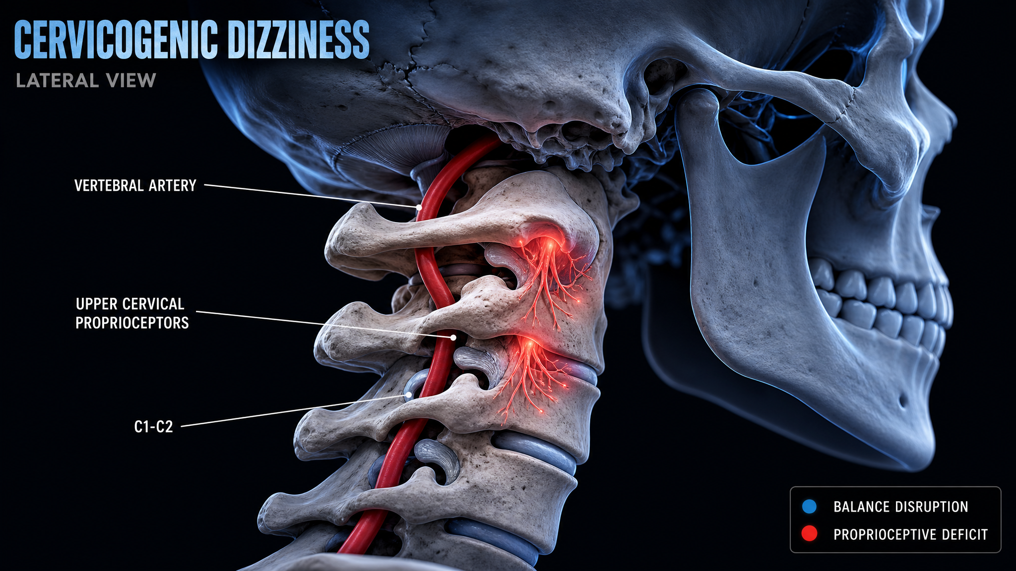 Diagram of the cervical spine and inner-ear vestibular system illustrating cervicogenic dizziness