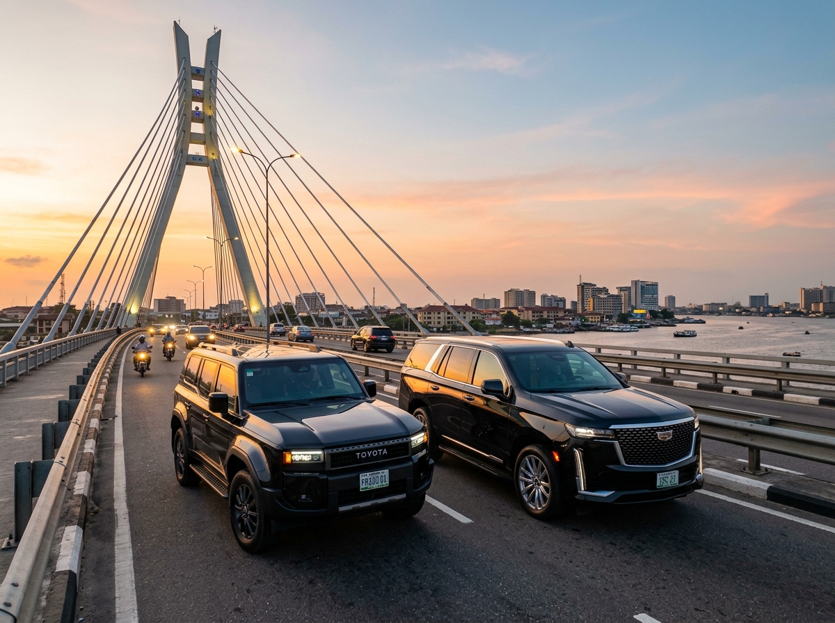 Black Toyota Land Cruiser Prado and 2024 Cadillac Escalade on the Lekki-Ikoyi Link Bridge in Lagos