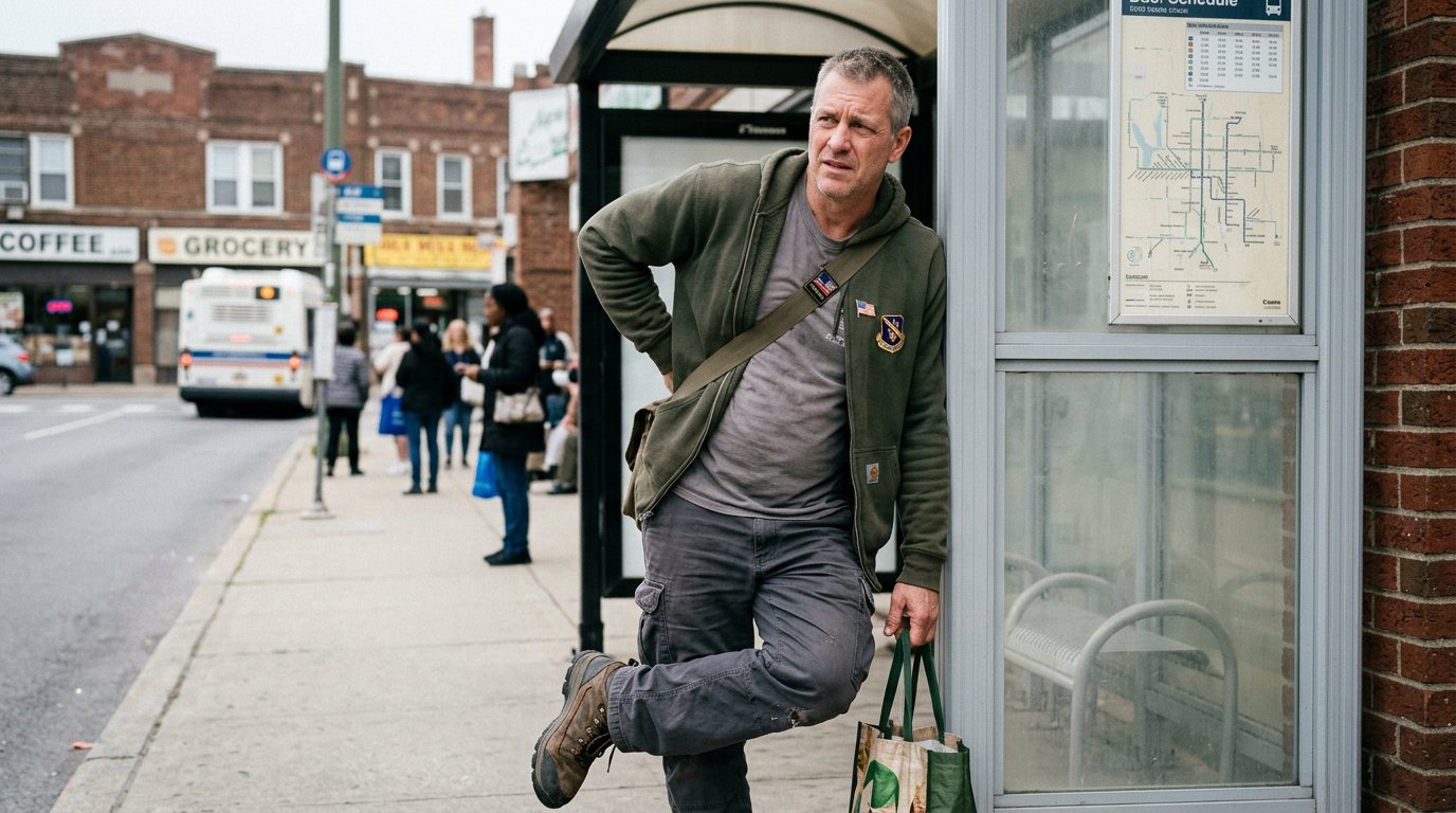 Photograph of a veteran standing at a bus stop, visibly uncomfortable and shifting weight with one knee held in slight flexion