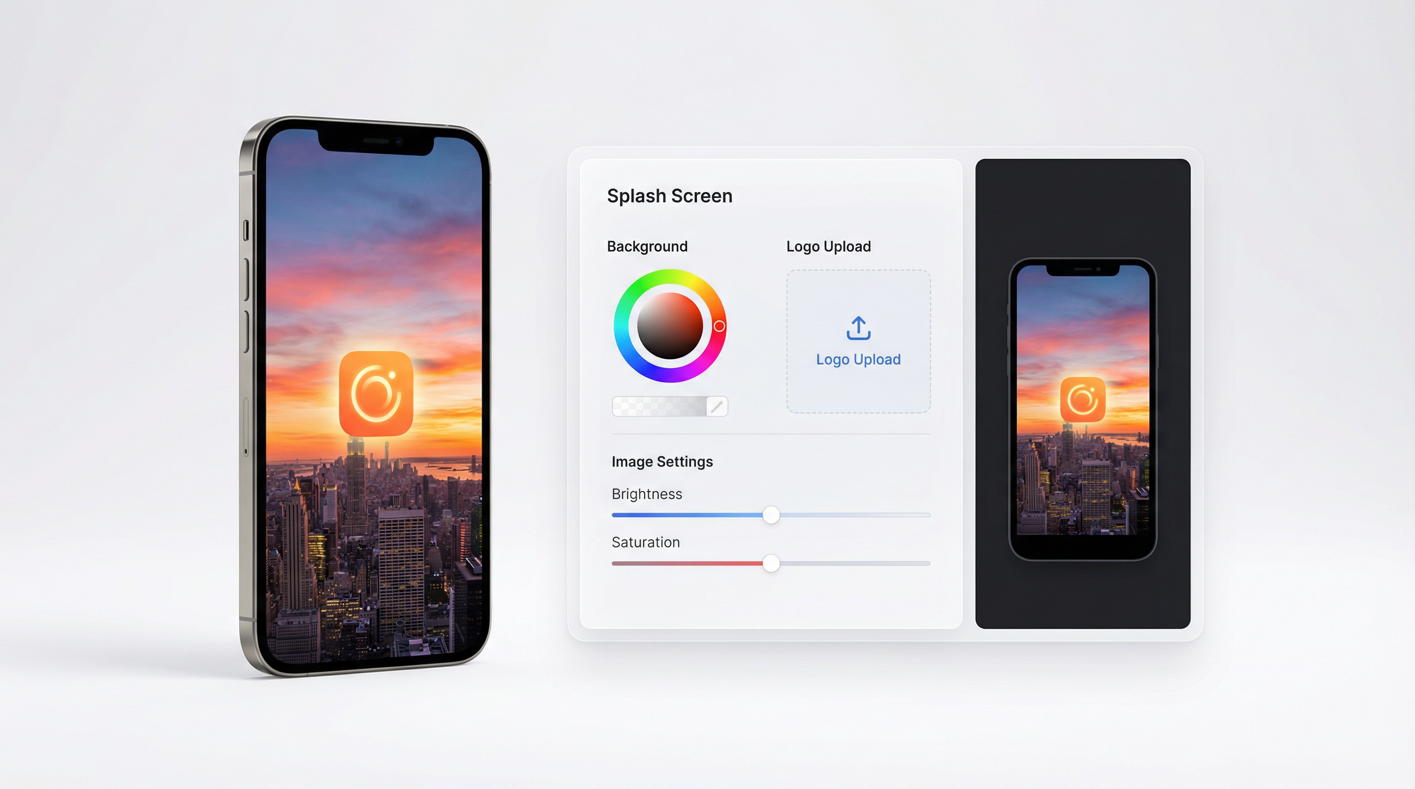 PusWeb dashboard showing splash screen customization with phone mockup previews