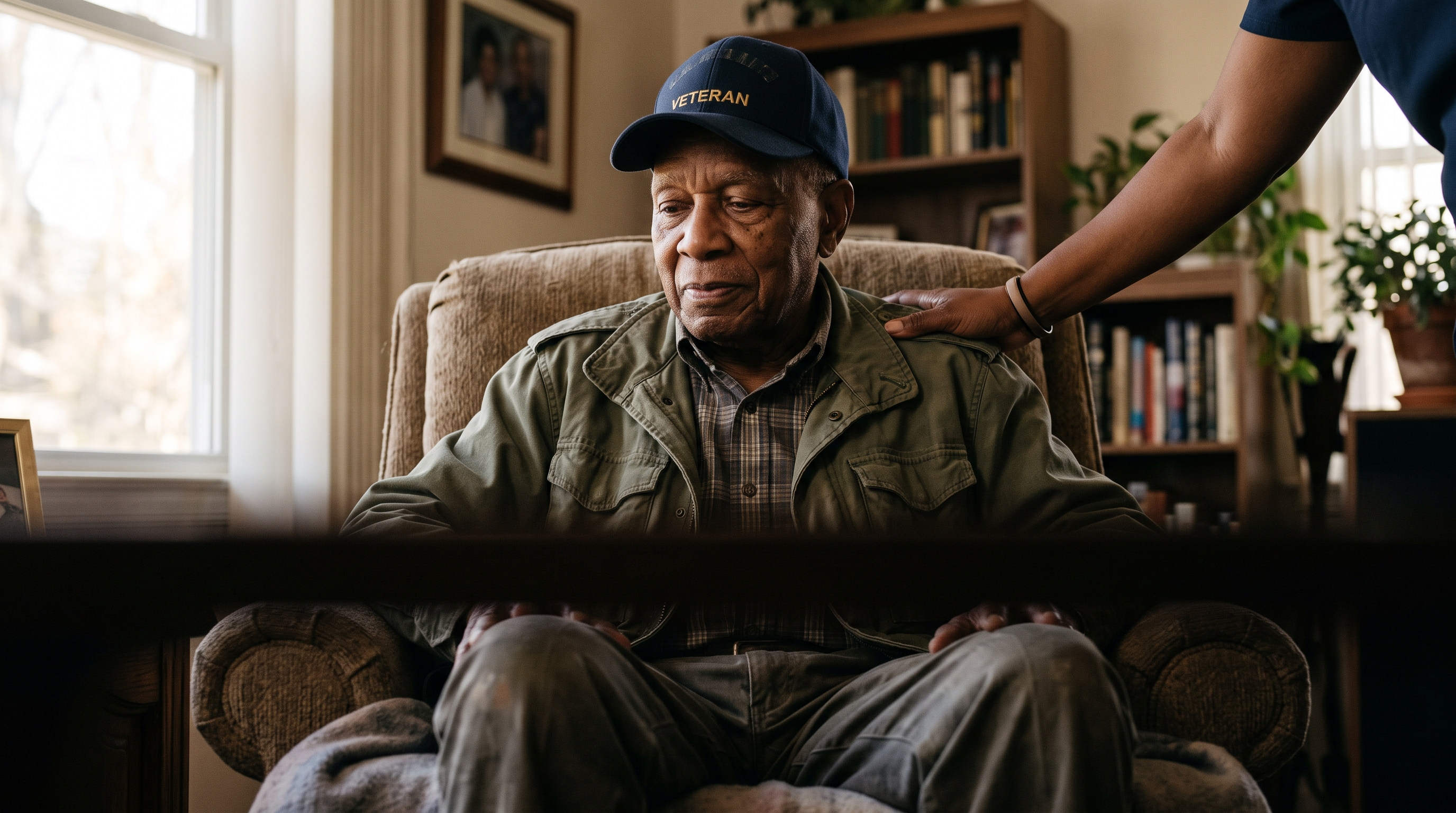 An elderly veteran wearing a veteran ball cap seated peacefully at home with a caregiver's hand resting on his shoulder