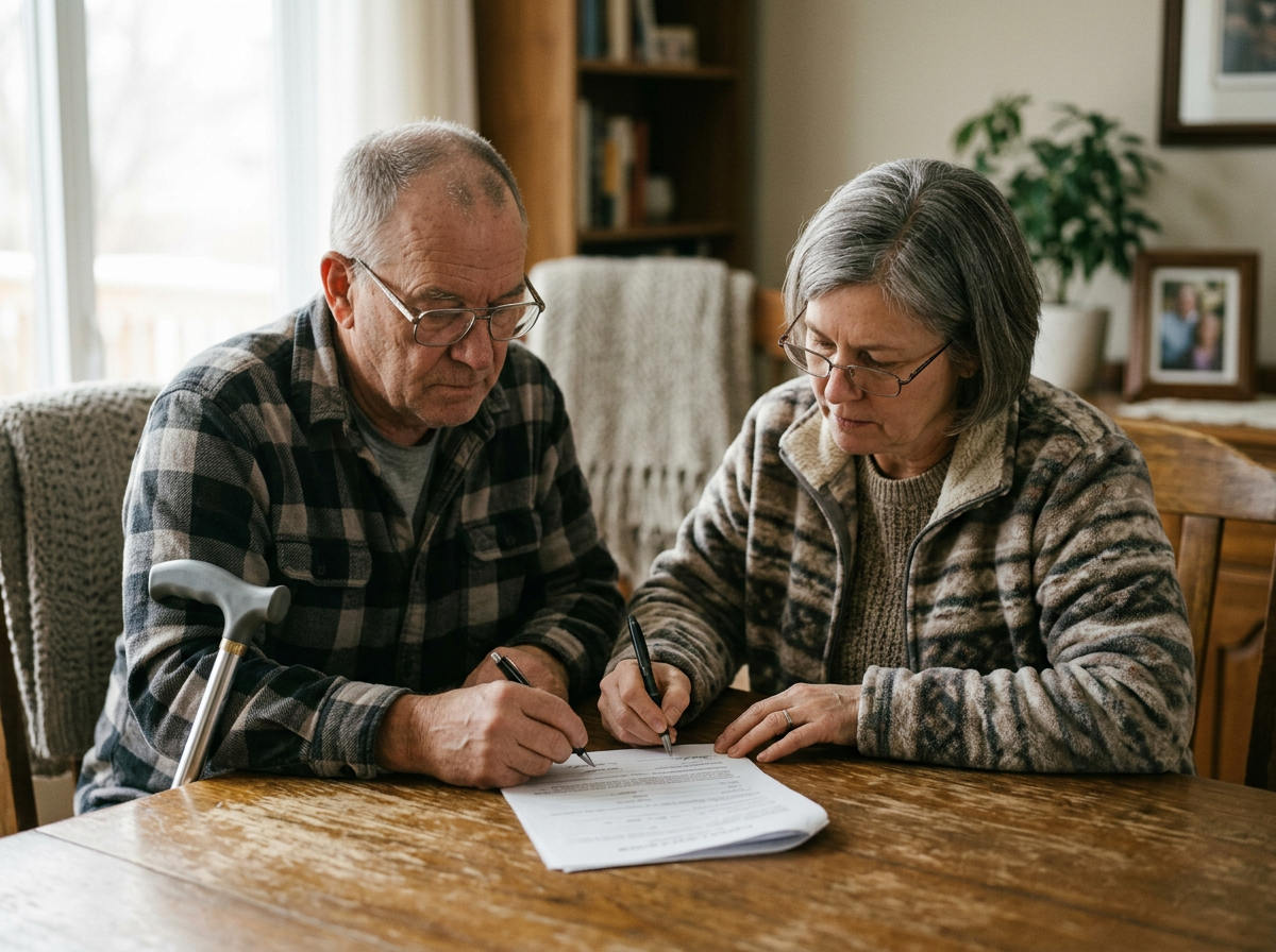 A caregiver and her veteran husband signing the caregiver application together at the dining table