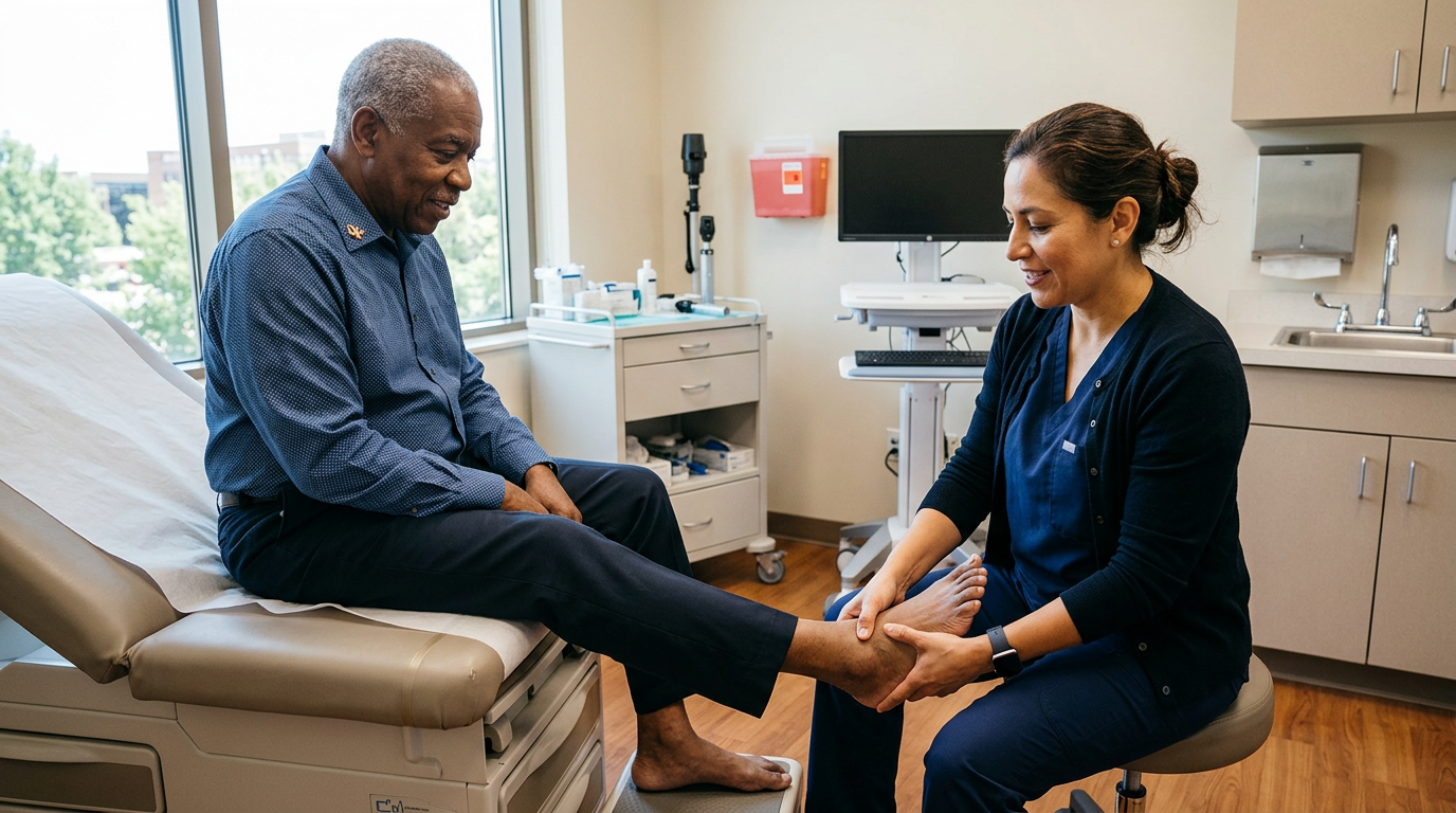 Hispanic female clinician examining the collapsed arch of a Black male veteran patient foot in a well-lit medical examination room