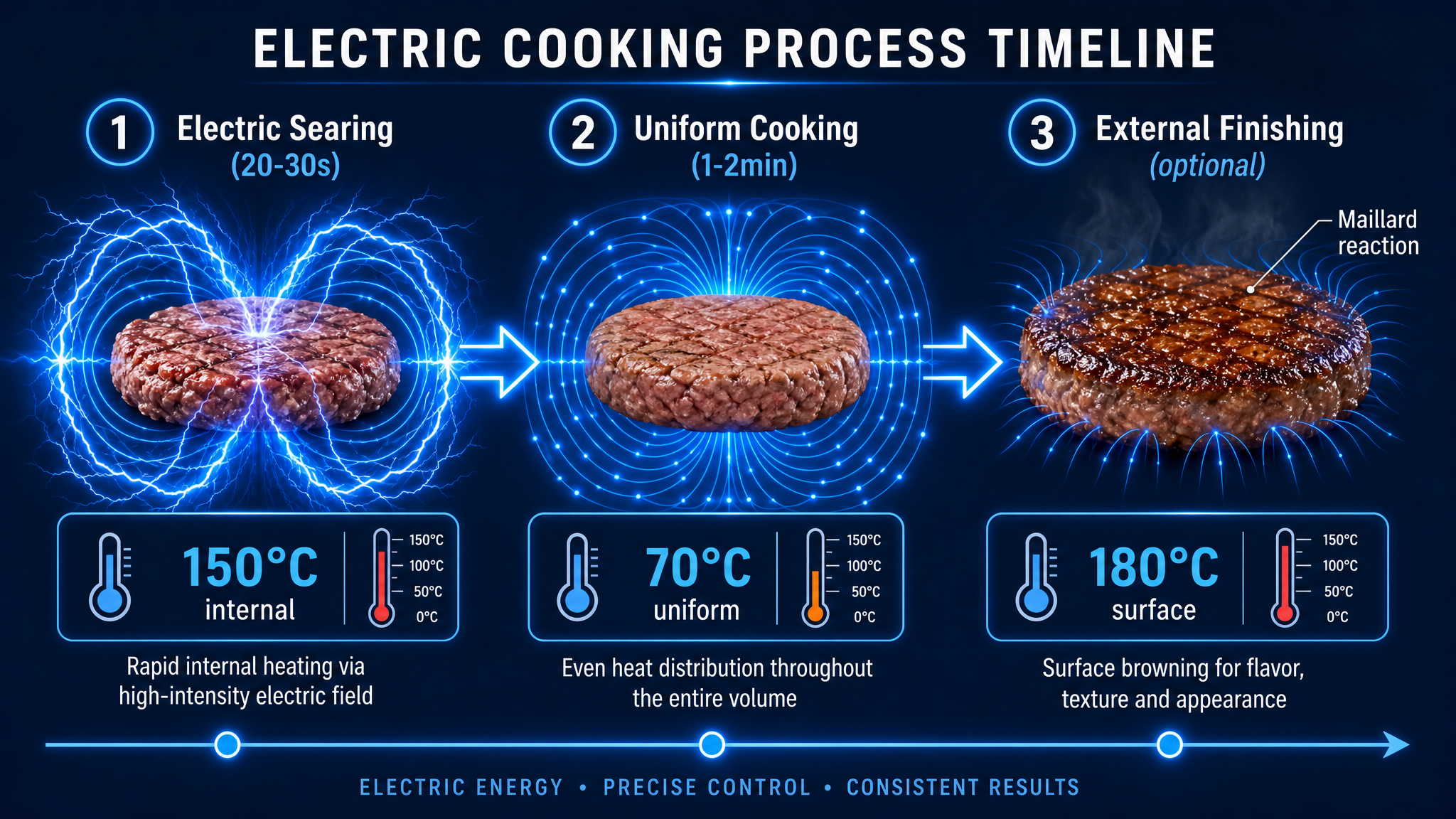 Three-stage automated cooking timeline showing electric searing, uniform cooking, and precision finishing