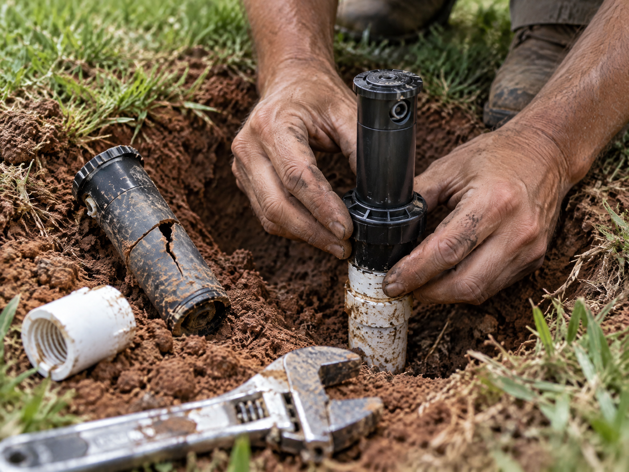 Hands repairing a broken sprinkler valve