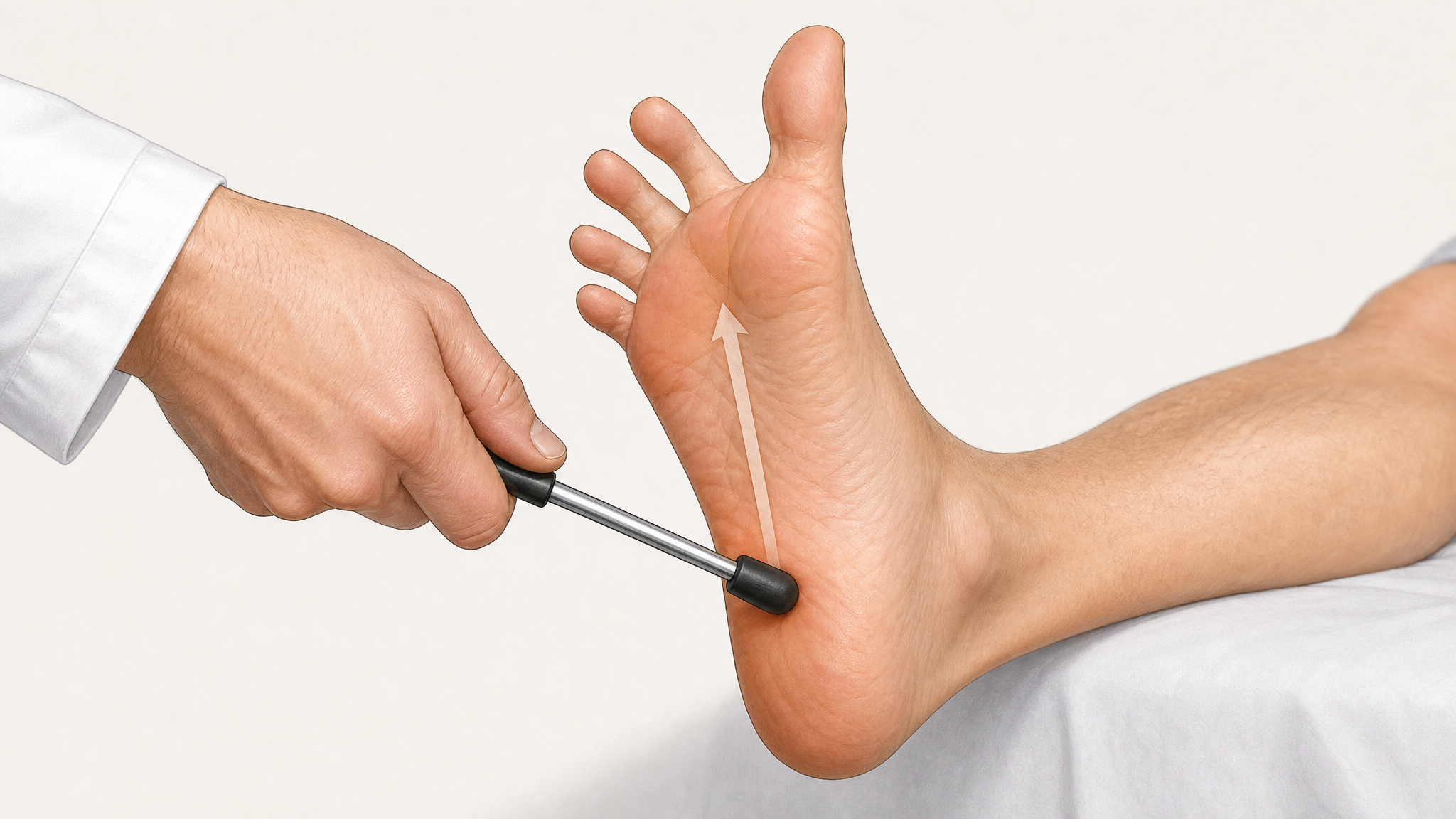 Illustration of a clinician stroking the sole of a patient's foot with a reflex tool, the big toe extending upward in a positive Babinski response