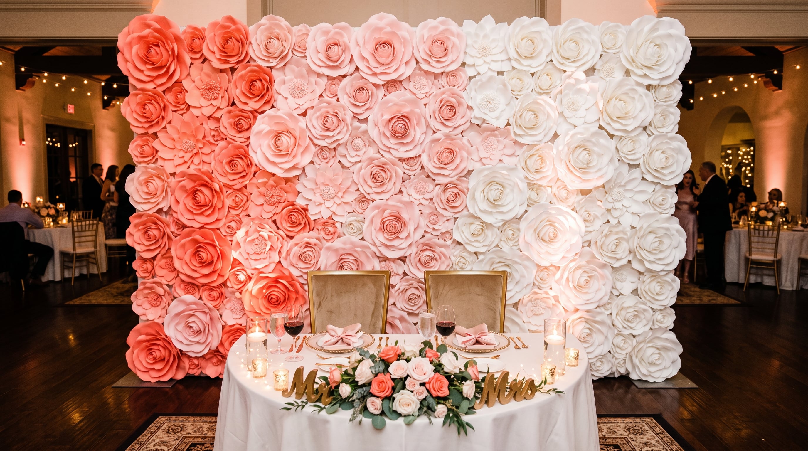 Reception backdrop with a gradient of giant EVA foam flowers from coral to blush to white behind a sweetheart table