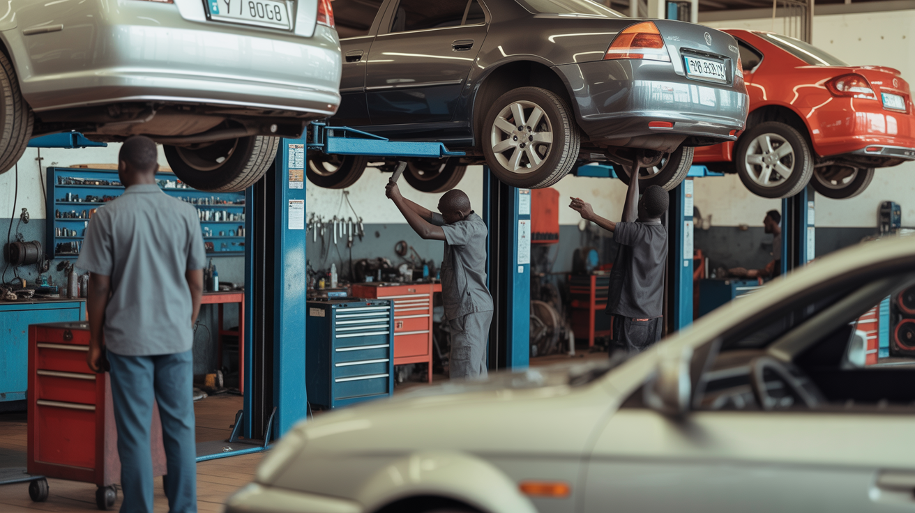 African auto repair workshop with mechanics working