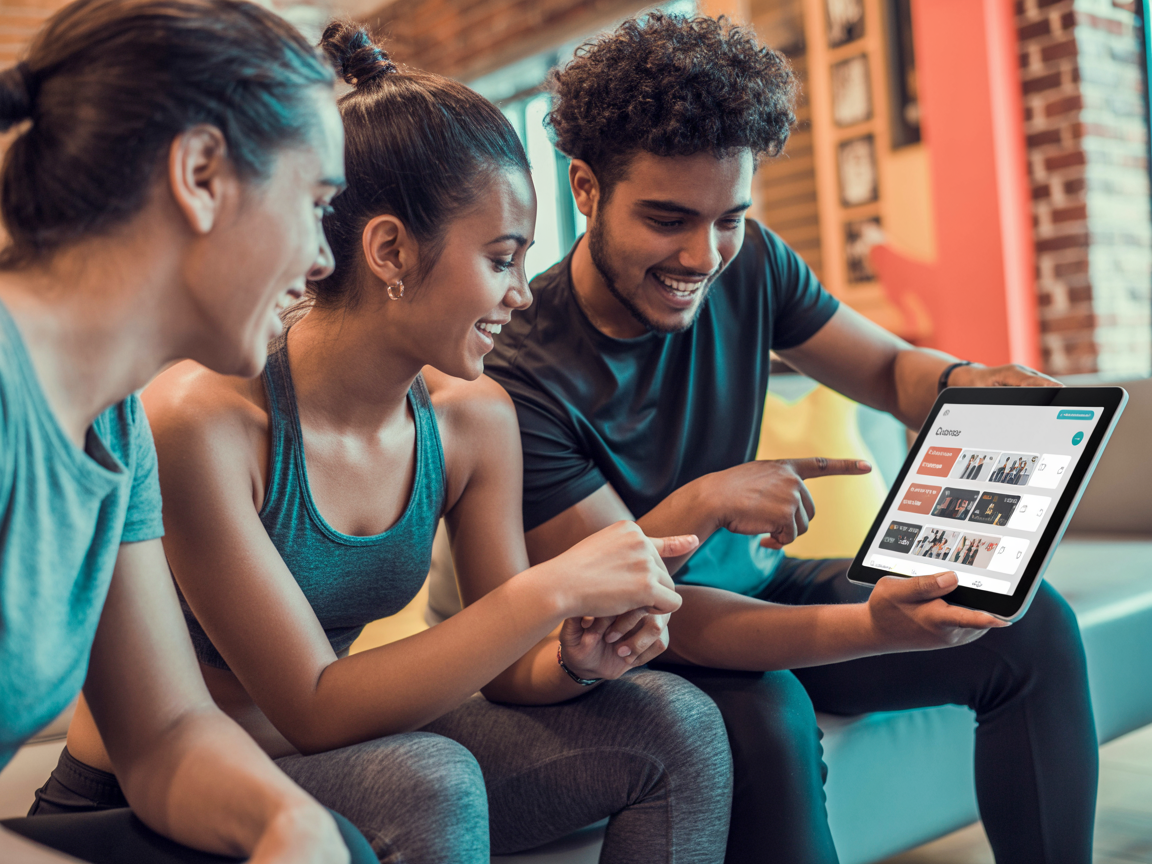 Students browsing a class discovery interface on a tablet in a studio lounge