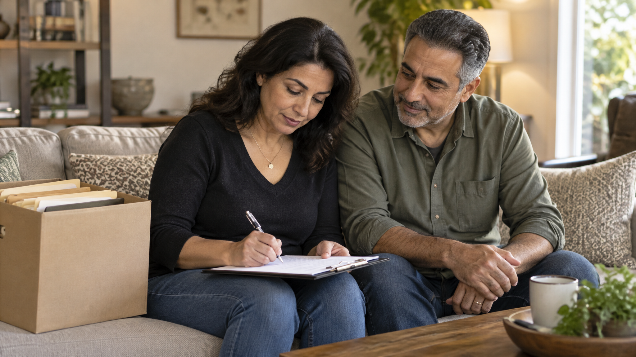 Woman signing a form on a clipboard on the couch while her husband sits beside her next to a box of file folders